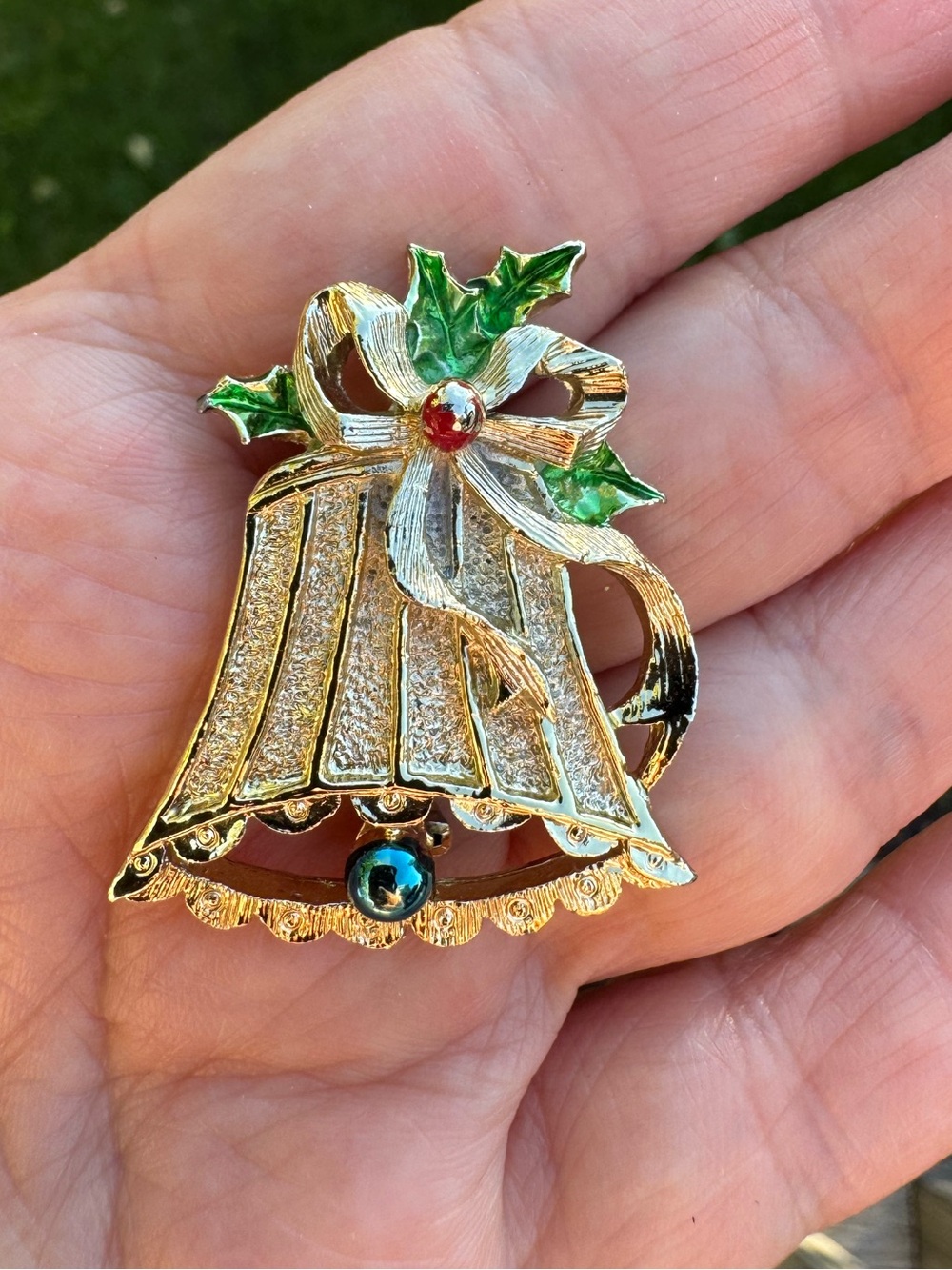 Gerry’s Gold Bell Brooch with Green Holly and Red Accent